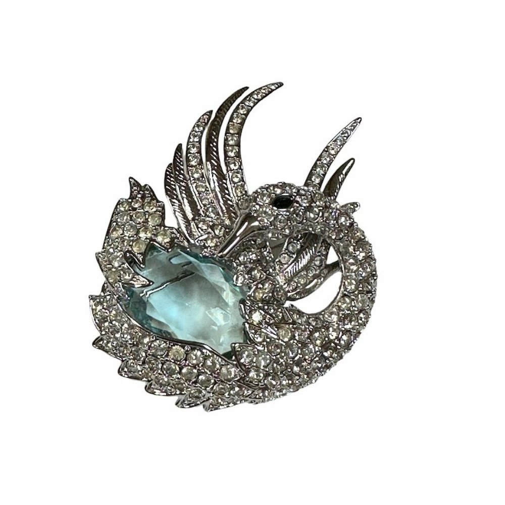 Nolan Miller Glamour Collection blue glass, clear rhinestone Swan brooch